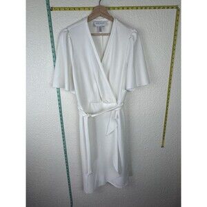 Donna Morgan Bridal White Fit & Flare Flutter Sleeve Dress with Waist Tie Sz 14